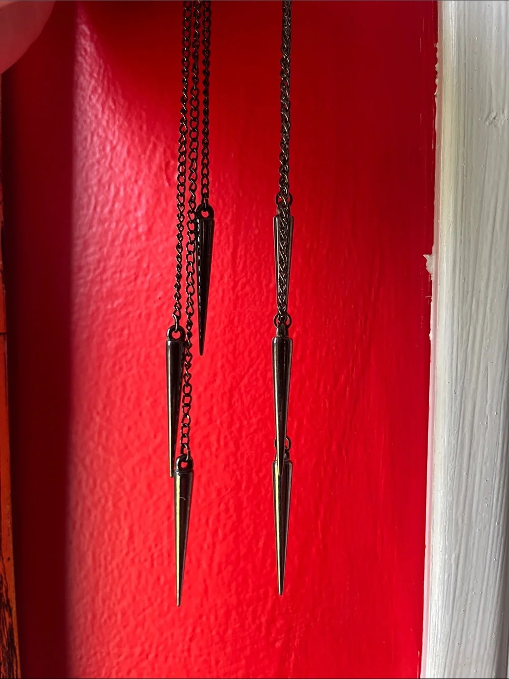 Goth grunge long dangle gunmetal silver tone spiked earrings